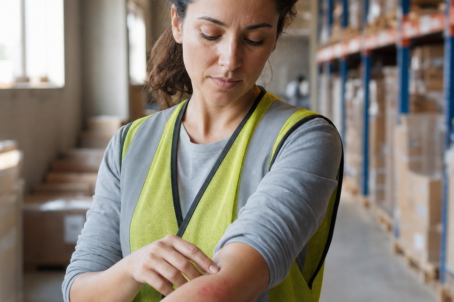Trabajadora de logística revisando una quemadura en el antebrazo